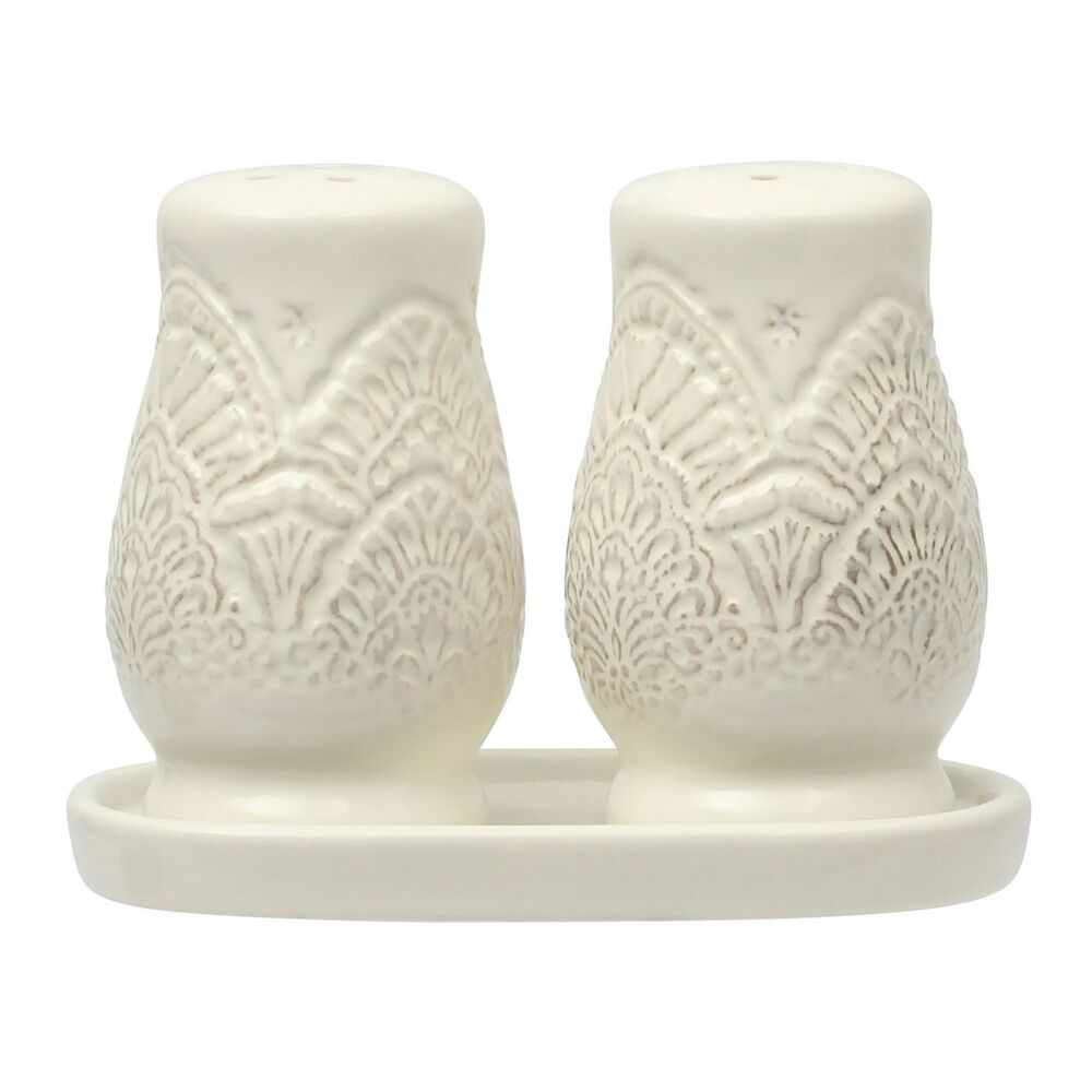 Pioneer Woman Vintage Lace Salt & Pepper Shaker Set Stoneware Linen
